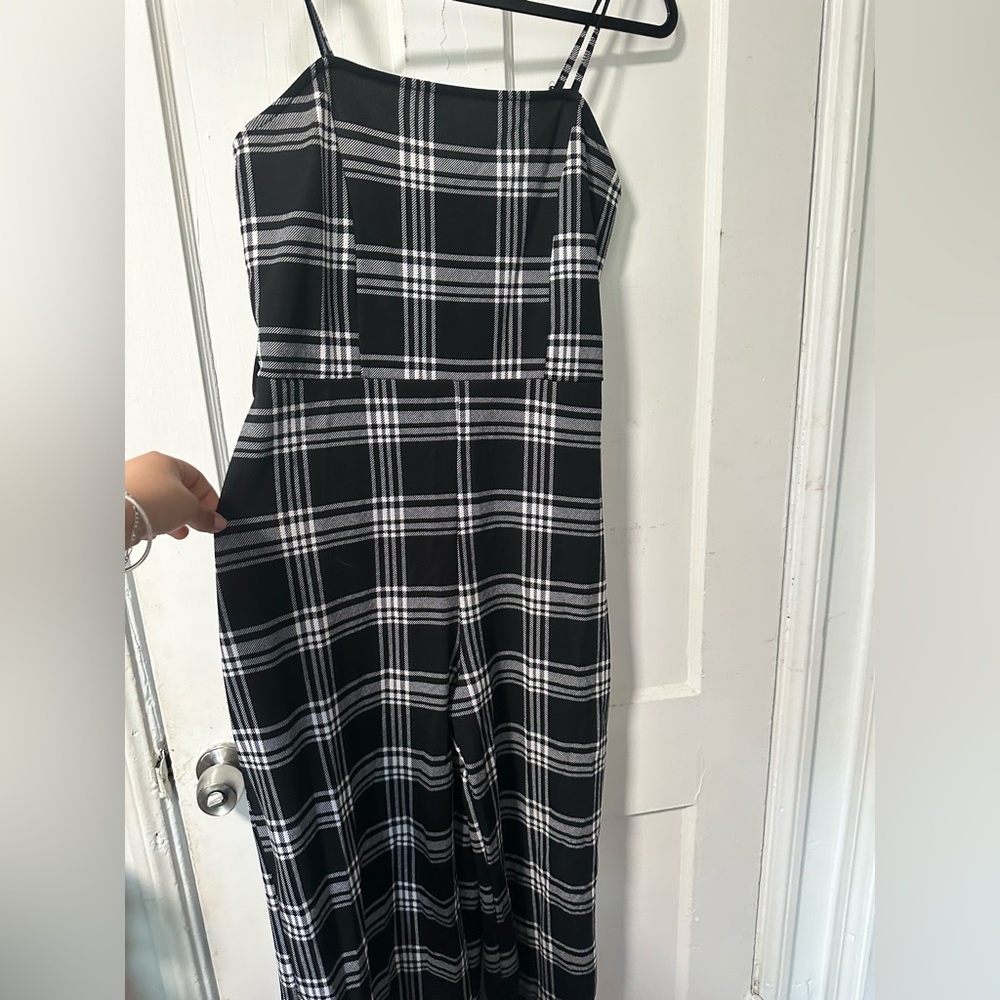 Almost Famous Stretchy Plaid Full Length Jumpsuit size: xL
